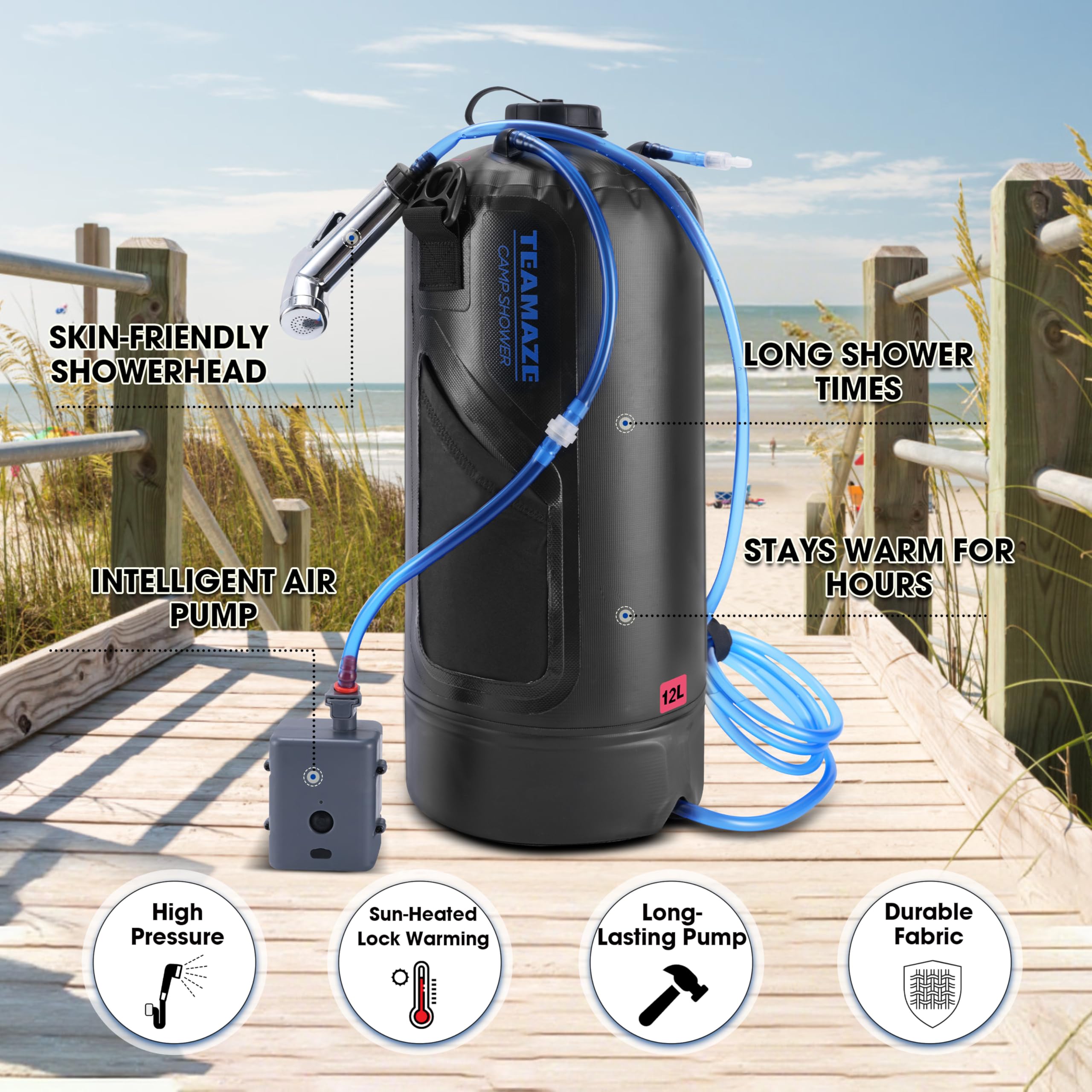 Teamaze Camping Shower,12L Portable Camp Shower Bag with Upgraded Screw Lid, Auto Pressure Pump, Solar Shower, Camping Shower Head for Beach Camping, Hiking, Traveling, Washing
