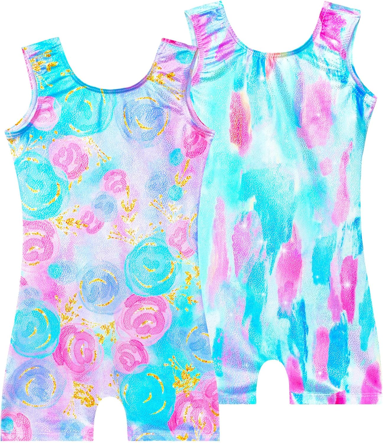 Skiennix Girls' Sparkly Gymnastics Leotard - 2 Pack Sleeveless Tumbling Unitards with Shorts