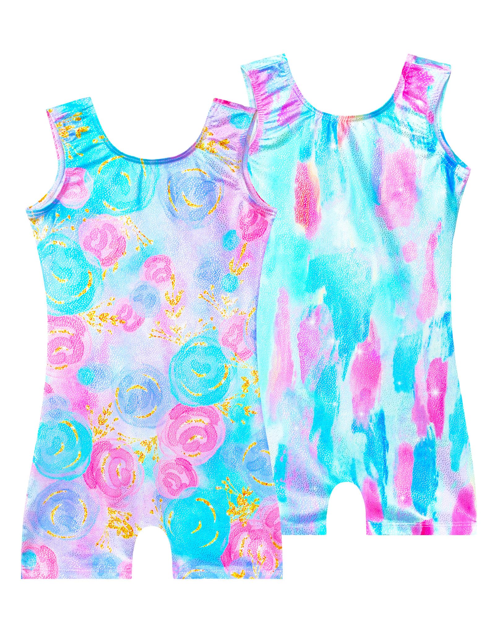 Nokecina Girls Leotards for Gymnastics Size 6-7 Years Old Shorts Blue Rose Flowers Biketards Unitards Two Pack with Shorts