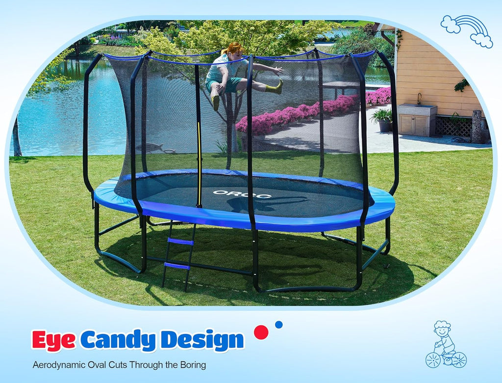 ORCC Oval Outdoor Trampoline - Safe Recreational Gymnastics Trampoline for Kids | Heavy-Duty Steel Frame