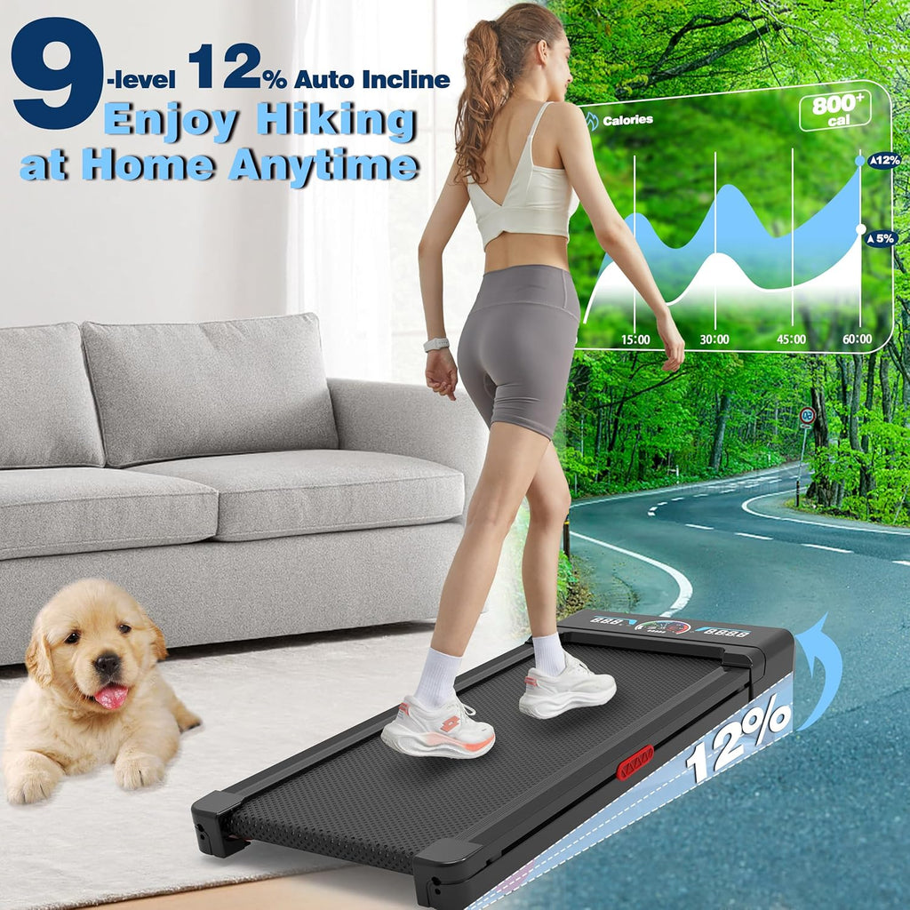 Walking Pad Treadmill - 12% Auto Incline, 450 lbs Capacity, RGB LED Screen & Bluetooth Speaker | Compact Under Desk Design