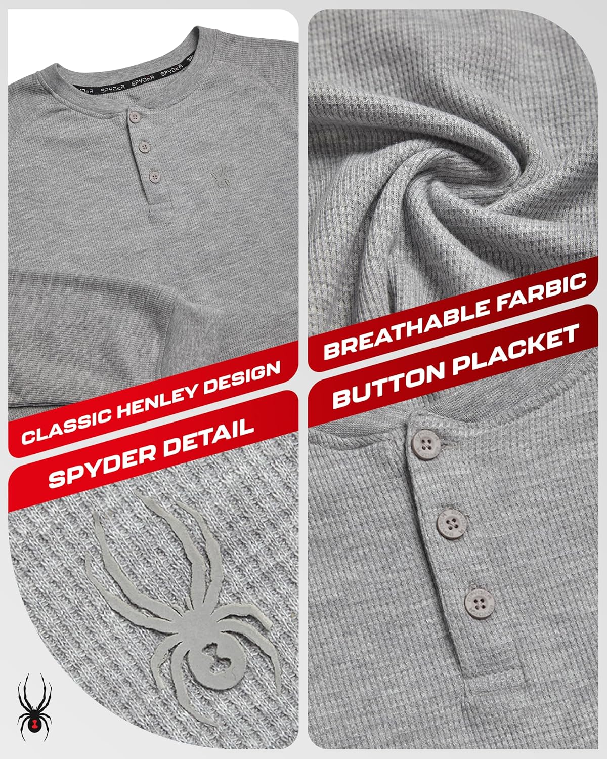 Spyder Men's Henley Shirt - Soft Cotton Blend Waffle Knit, Moisture-Wicking Quick-Dry Long Sleeve
