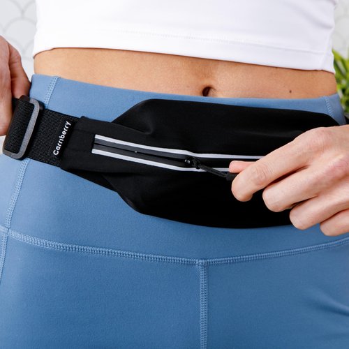 Carriberry Running Belt - Running Fanny Pack for Training, Jogging, and Walking, Slim, Waterproof, Expandable, Waist Bag, Money Keys Cards Phone Holder with Reflective Zipper (Black)