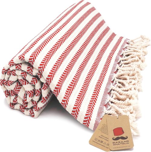 Bazaar Anatolia Turkish Beach Towel - Oversized 100% Cotton, Quick Dry & Sand Free - 71x39 Inches, Arpa Red