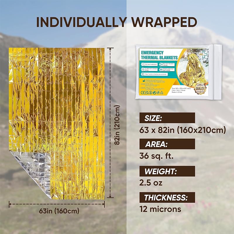 Emergency Blanket (12-Pack) Gold Foil Thermal Blankets 210x160cm – Outdoor, Hiking, Survival