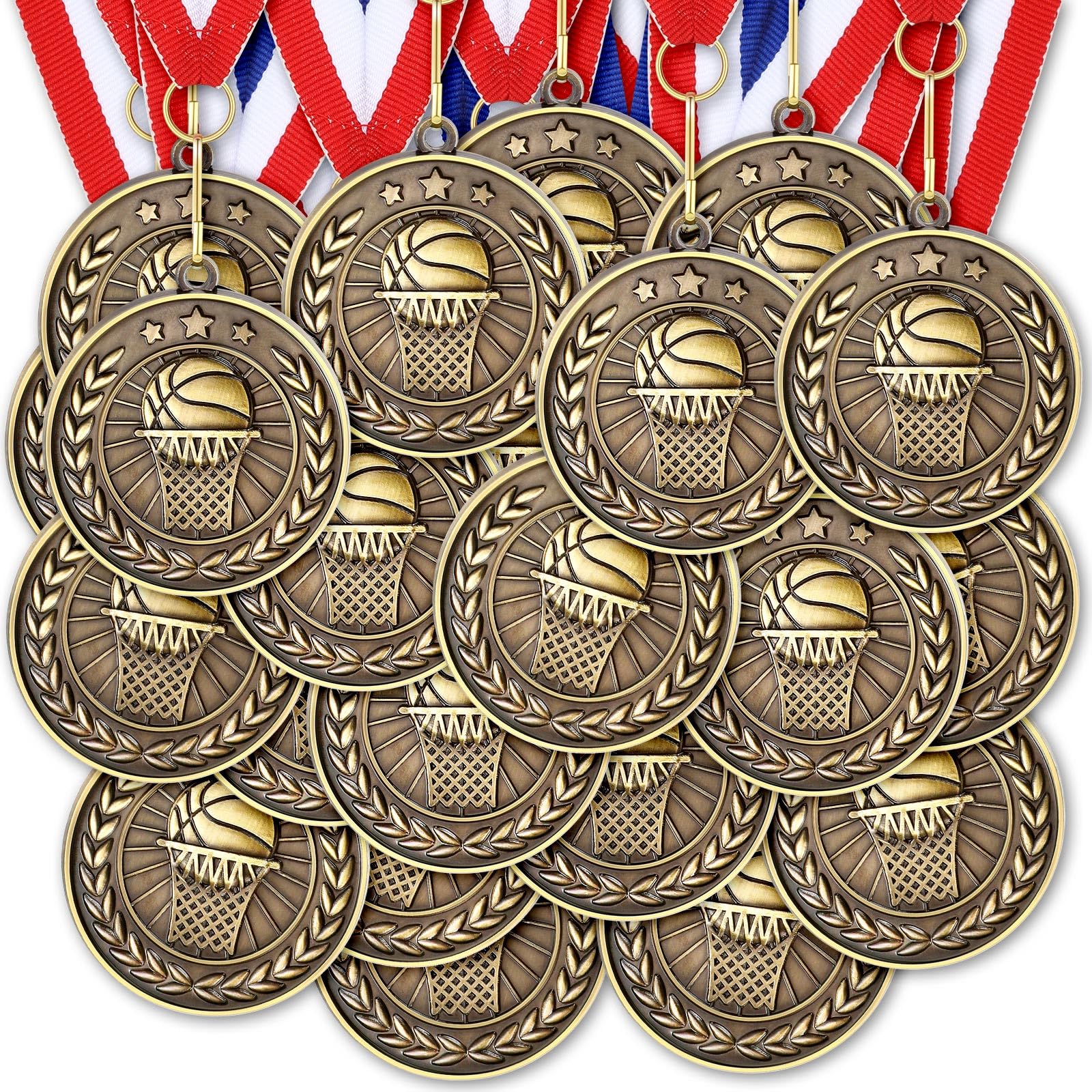 Loetere 60 Pcs Sports Award Medals Bulk 2 Inch Bronze Trophies with Neck Ribbons Football Basketball Baseball Soccer Cheerlead Winner Medal for Team Gift Sport Party Games Prize Supply(Basketball)