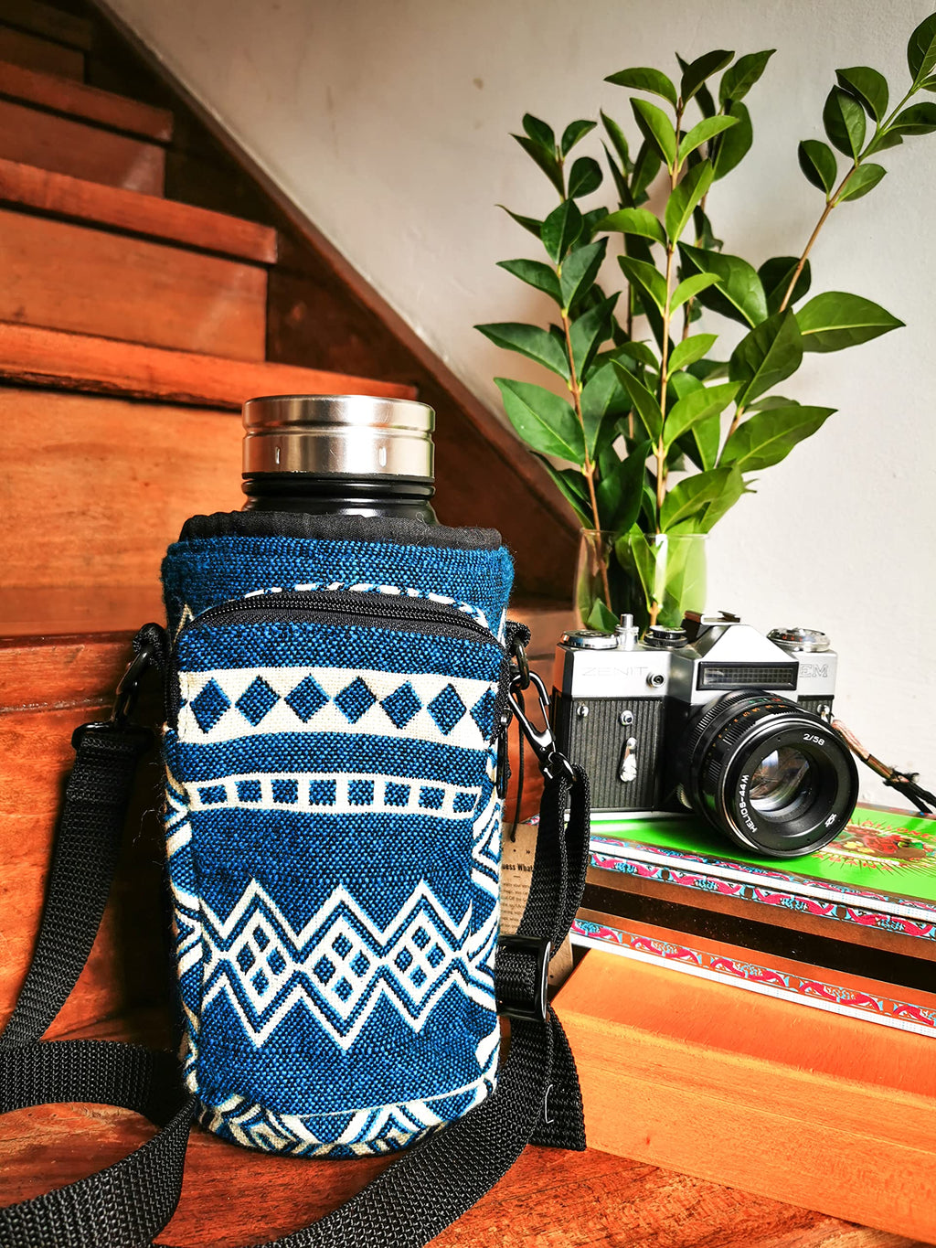 Water Bottle Holder with Strap & Pocket for Phone, Card, Cash or Keys | Bottle Sleeve Carrier for Walking, Backpacking | Hydro and Iron Flask Sling Bag | Camping Accessories (64, Laguna Blue)