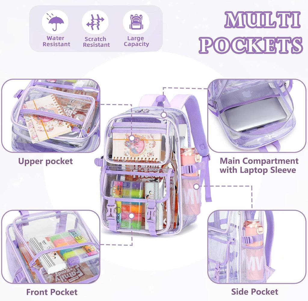 Skiennix Large Clear Backpack - Heavy Duty PVC for 16-Inch Laptops | Transparent Design for School & Travel - Purple