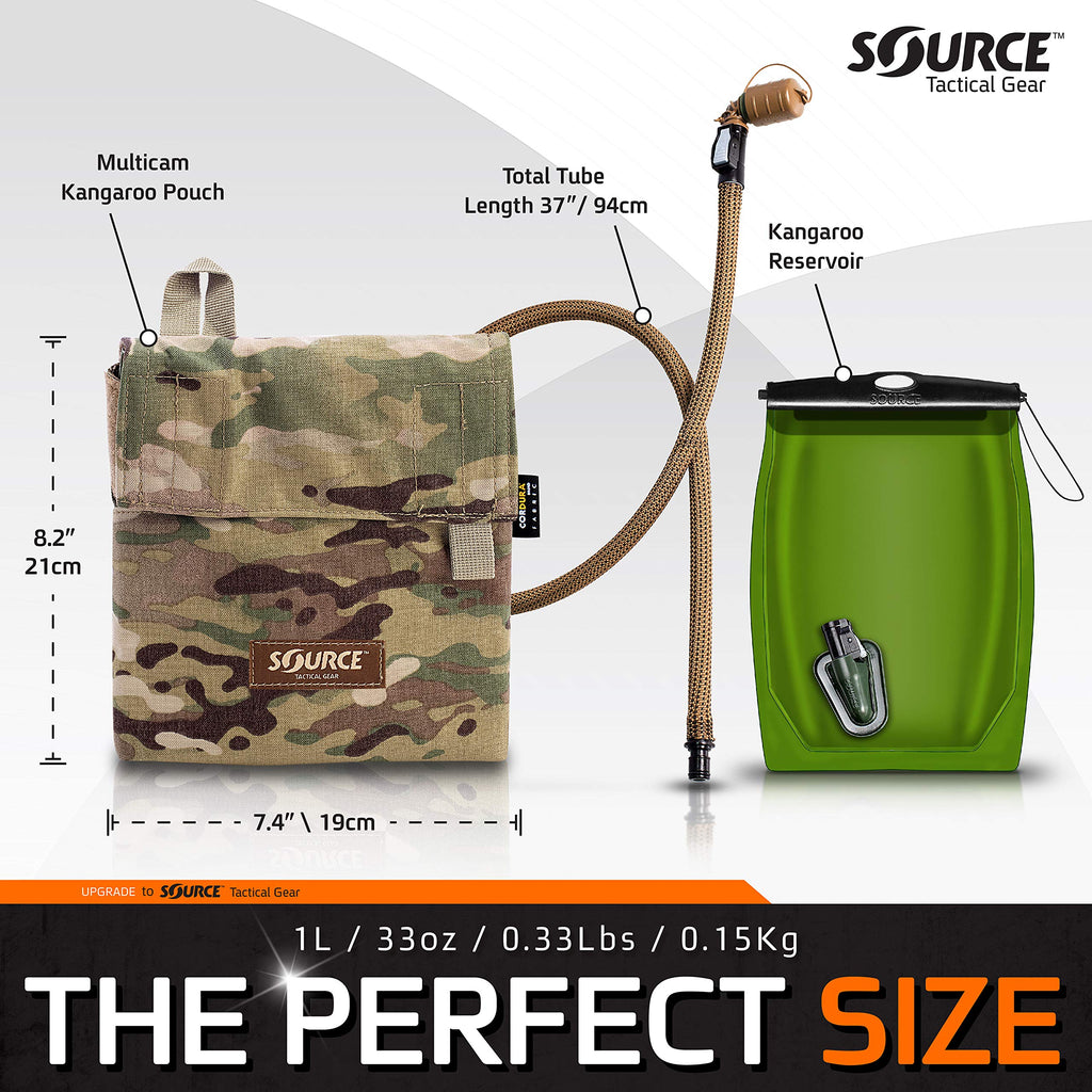 Source Tactical Kangaroo 1-Liter Collapsible Canteen Hydration System System with Storm Push-Pull Drinking Valve with Pouch (Multicam), nylon