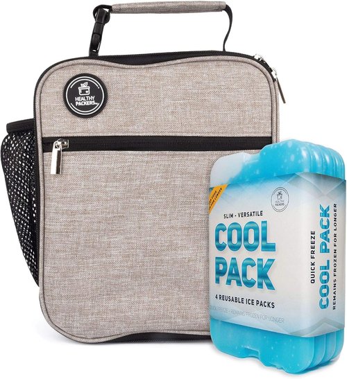 Healthy Packers Slim Ice Packs - Long Lasting Insulated Lunch Bag in Light Grey