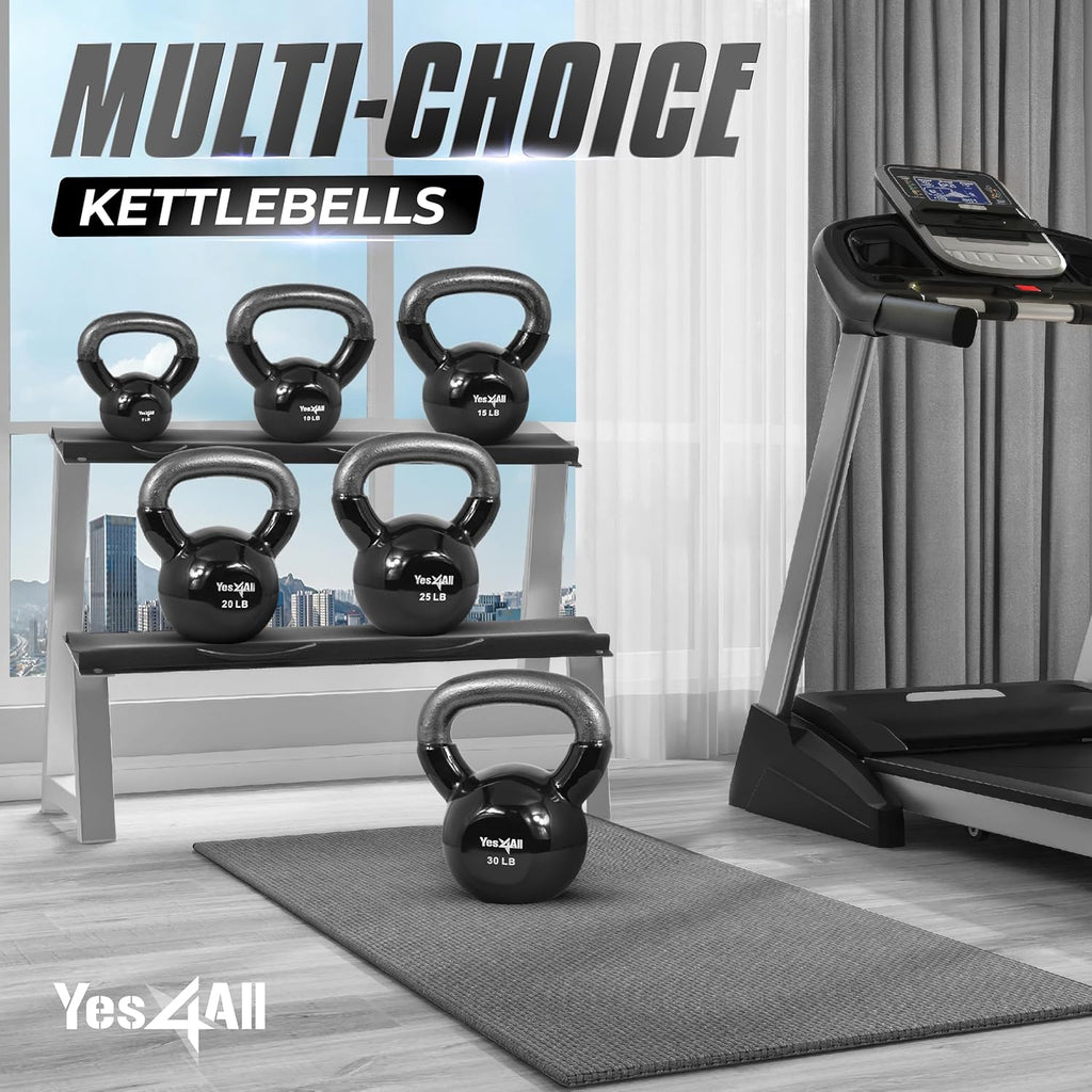 Yes4All Kettlebell - Vinyl Coated Cast Iron Set for Full Body Workouts | Stable Flat Bottom Design