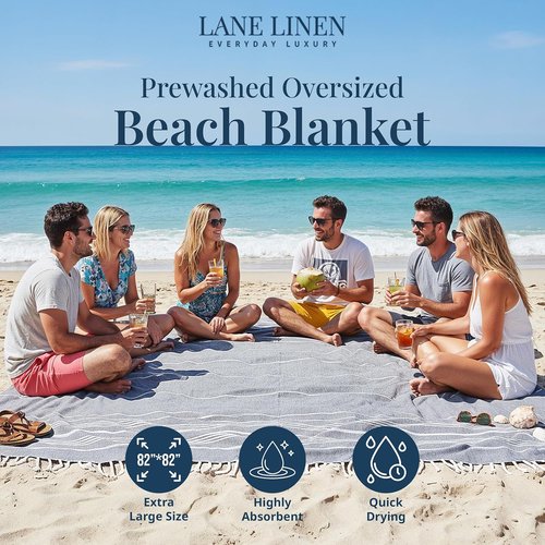LANE LINEN Beach Blanket - Extra-Large Sand-Free Picnic Mat, Quick-Dry Design (82"x82") - Ideal for Family Picnics & Poolside Relaxation, Machine Washable - Smoky Black