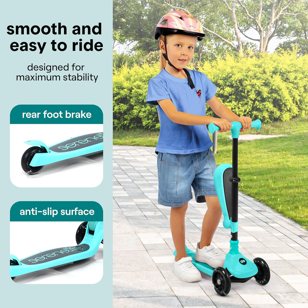 SereneLife 3-Wheel Kids Scooter - Foldable Design, LED Wheel Lights, Adjustable Handlebar | For Toddlers 3+ Up to 110 lbs