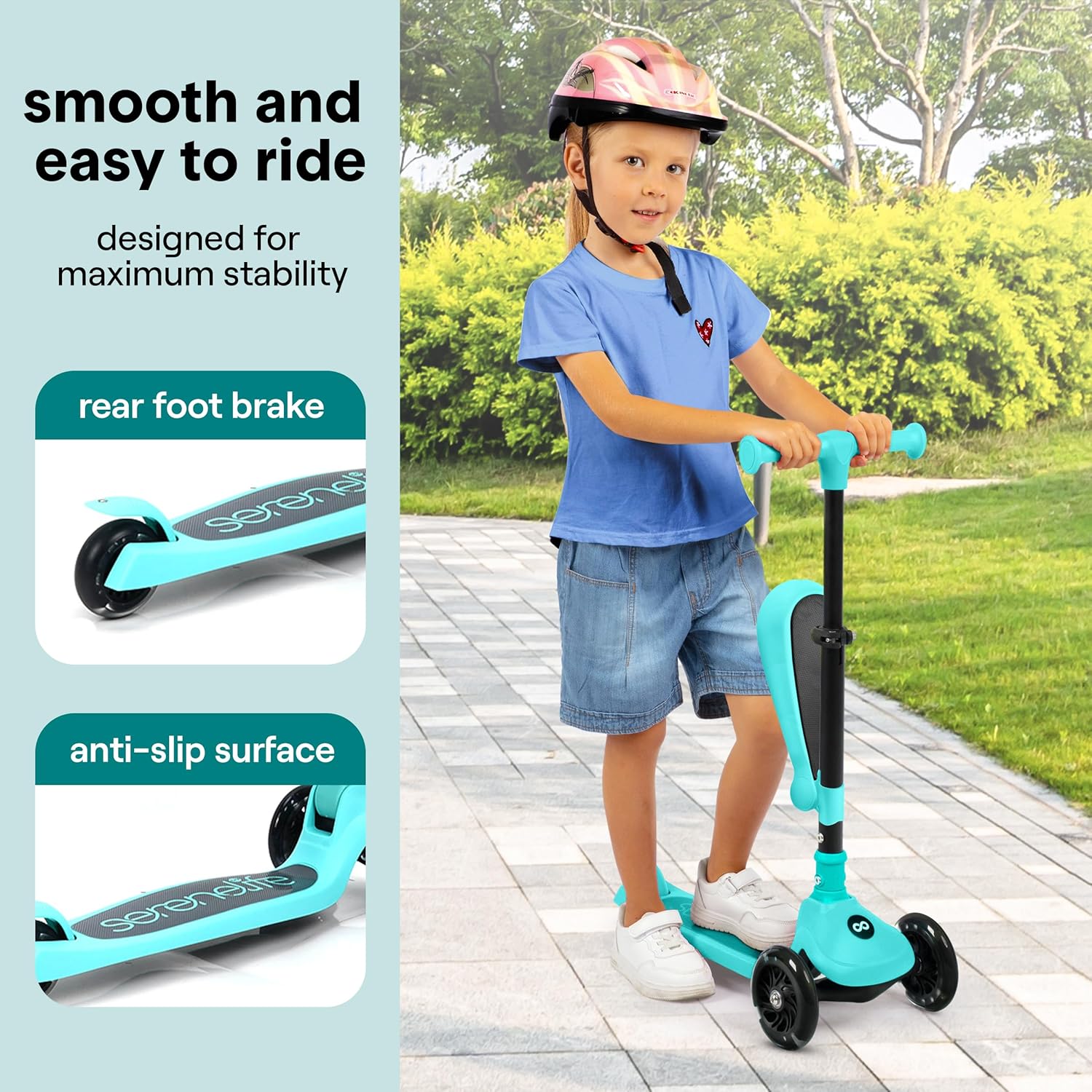 SereneLife 3-Wheel Kids Scooter - Foldable Design, LED Wheel Lights, Adjustable Handlebar | For Toddlers 3+ Up to 110 lbs