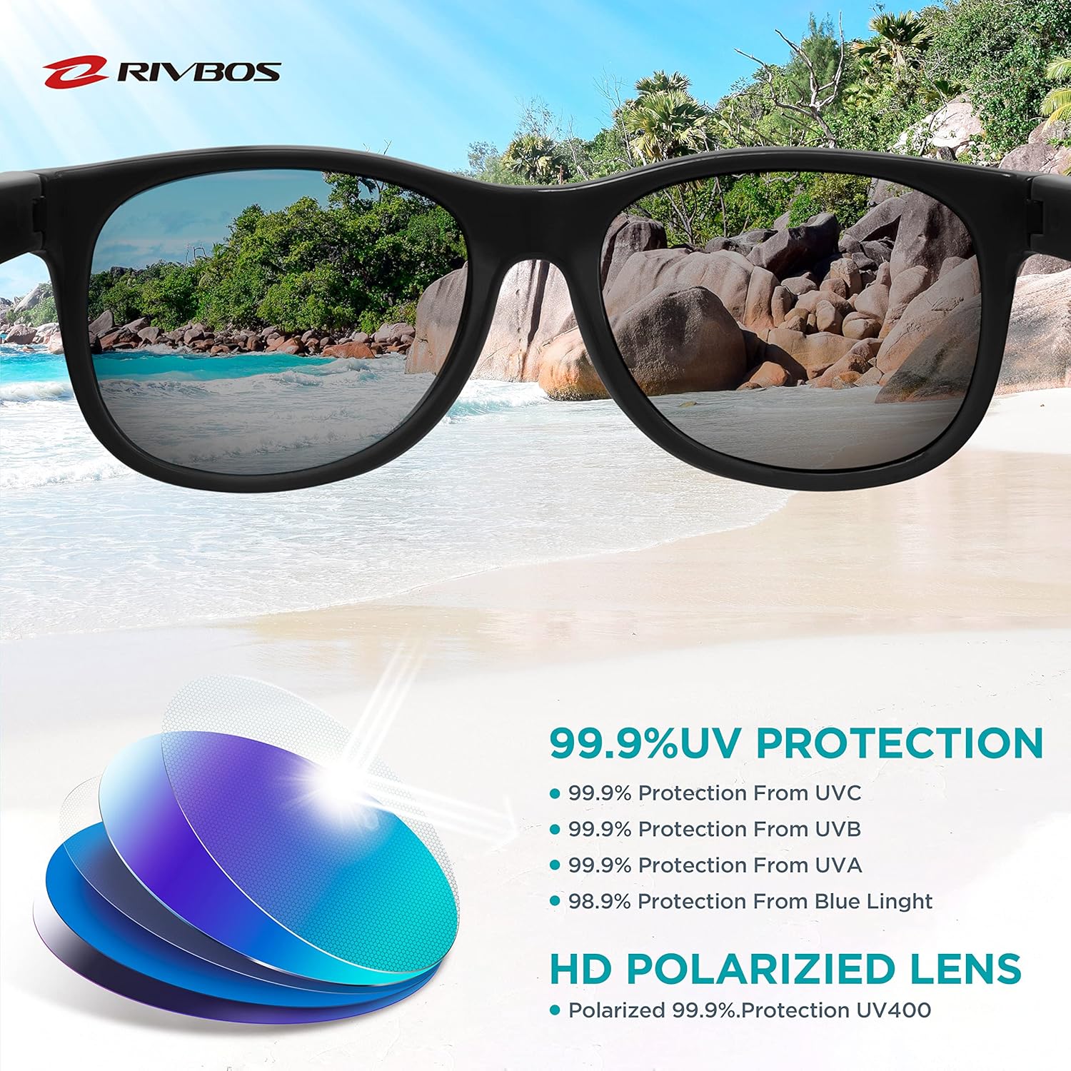 RIVBOS Kids Sunglasses - Polarized UV Protection with Flexible Rubber Strap | Stylish Shades for Boys & Girls