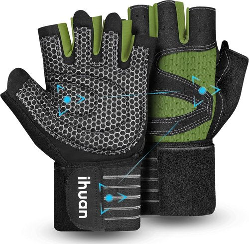 Ihuan Weight Lifting Gym Gloves - Ventilated Design with Wrist Wrap Support | Full Palm Protection for Men & Women