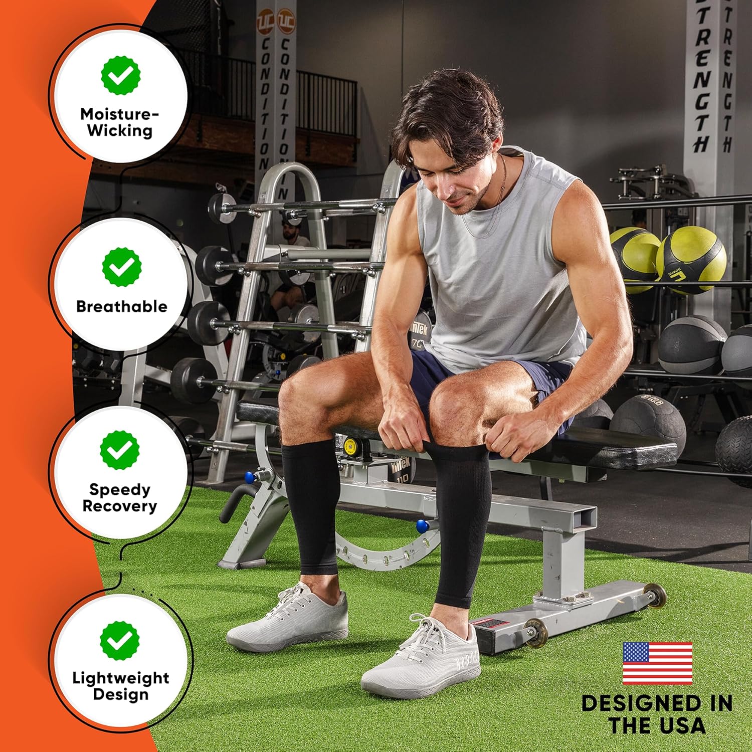 PhysFlex Calf Compression Sleeves - Footless Support Socks for Varicose Veins & Shin Splints | Black, Medium (1 Pair)