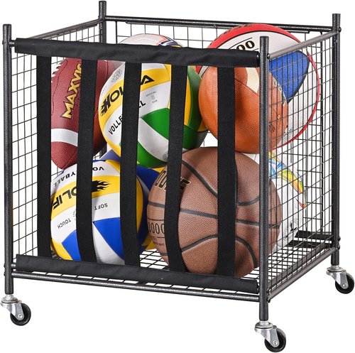 Mythinglogic Sports Ball Storage Cart - Lockable Rolling Locker with Elastic Straps | Stackable Garage Organizer