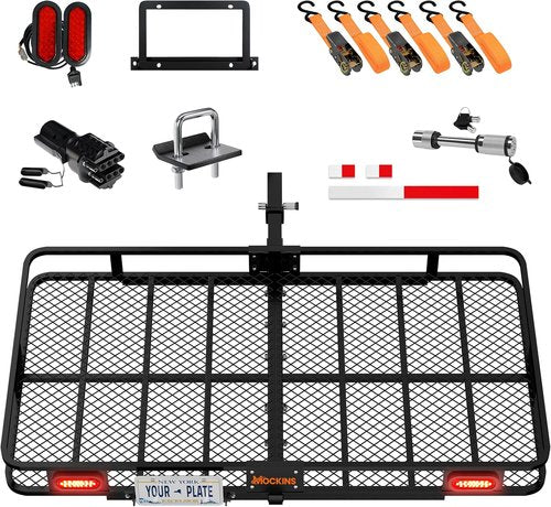 Mockins XXL Folding Trailer Hitch Cargo Carrier - All-Weather Steel Luggage Rack for SUV & Truck | 500Lbs Capacity