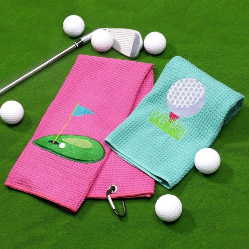 Vansolinne Golf Towels for Bags - Microfiber Waffle Pattern Pink Blue - Funny Gifts for Golf Fans, Set of 2