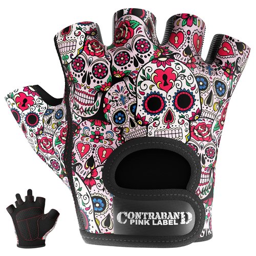 Contraband Pink Label 5237 Designer Series Workout Gloves for Women | Sugar Skull Print Weight Lifting Gloves for Women w/Grip-Lock Padding | Gym Gloves for Women w/Medium Padding (White, Large)