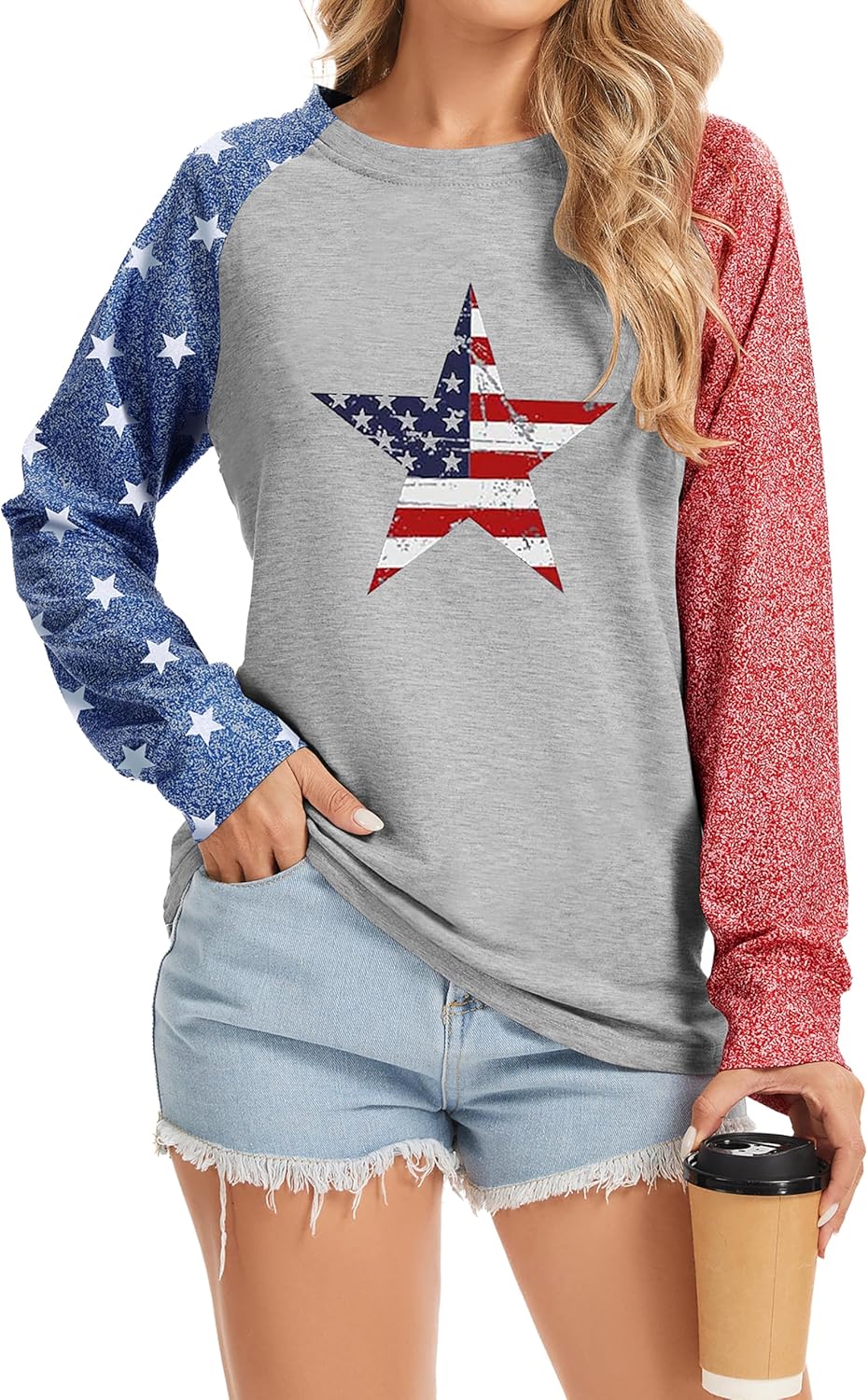 TSMNZMU Women's Star Print Colorblock Shirt - Long Sleeve American Flag Blouse for 4th of July Celebrations