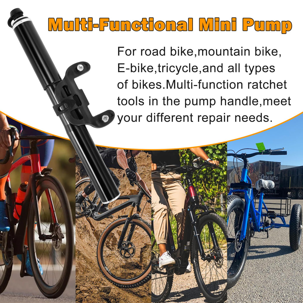 RUTU Bike Pump Portable - Mini Bike Pump 120PSI - Made of 6061 CNC Aluminum Alloy - Compatible with Presta & Schrader Valves - Includes Bike Frame Mount & Tire Repair Kit