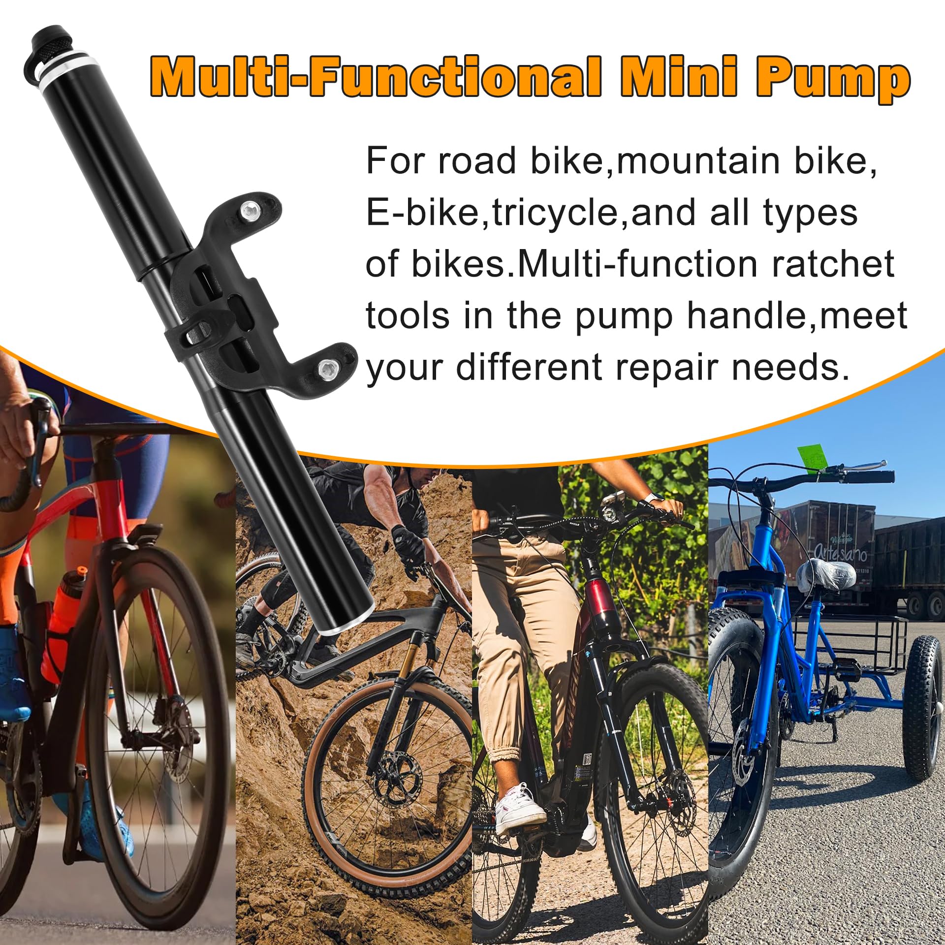 RUTU Bike Pump Portable - Mini Bike Pump 120PSI - Made of 6061 CNC Aluminum Alloy - Compatible with Presta & Schrader Valves - Includes Bike Frame Mount & Tire Repair Kit