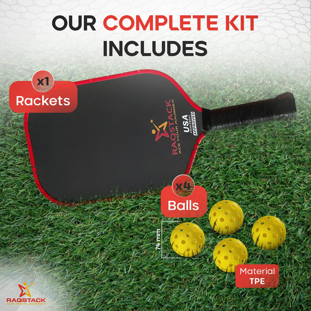 RAQSTACK - Carbon Fiber Pickleball Paddles with 4 Indoor Pickleball Balls - Top Performing T700 Pickleball Paddle USA Approved - Ace Your Journey with Our Pickle Ball Paddle