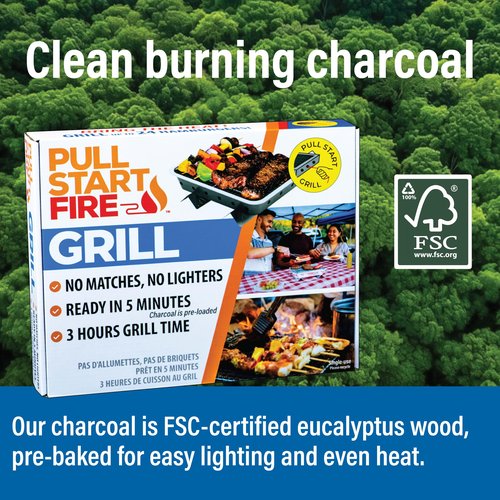 Pull Start Fire Grill | Single Use Portable Disposable Charcoal BBQ with Pull Start Matchless Ignition | Ready in 5 Min, 3 Hour Burn | Camping, Tailgating, Outdoor Cooking, No Cleanup Needed