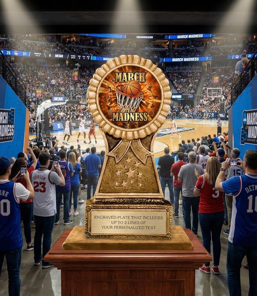 March Basketball Madness Trophy - 2026 Custom Bracket Award with Personalized Engraving on Gold Plate