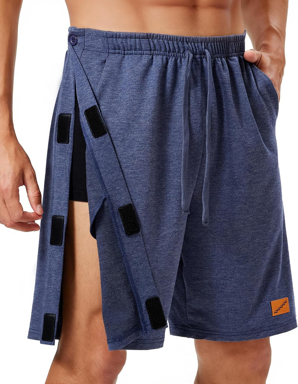 Skiennix Men's Tear Away Shorts - Adaptive 8" Cotton Snap Pants with Deep Pockets for Recovery