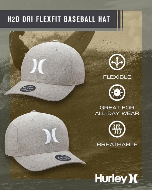 Hurley Mens Baseball Cap - Moisture Wicking Curved Brim Flexfit Fitted Hats for Men with H2O-Dri Sweatband (Sizes: S-XL)
