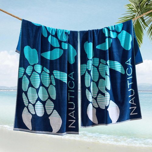 Nautica Oversized Beach Towel Set - Soft Plush Velour, Quick-Dry & Absorbent, 2-Pack in Turtle Beach Blue