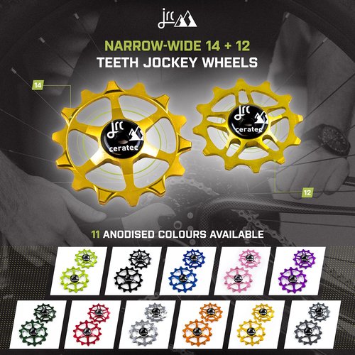 JRC Components Ceramic Derailleur Pulley Wheels | Pair of 14&12T Hybrid Ceramic Bearing - MTB Bike Rear Derailleur Wheels - Gold