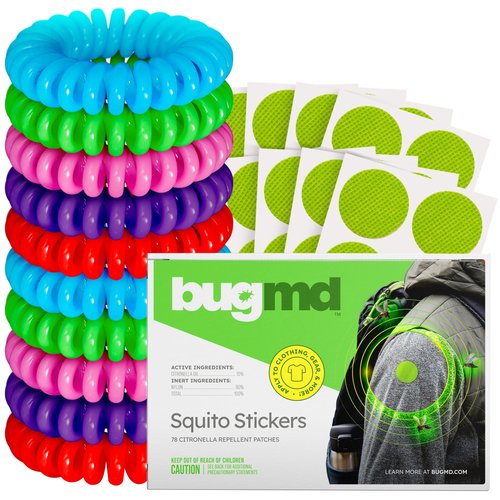 BugMD Mosquito Repellent Bundle: 78 Safe & Effective Squito Stickers and 10 DEET-Free Citronella Bracelets for Kids & Adults - Perfect for Camping, Beach, Hiking & Outdoor Adventures