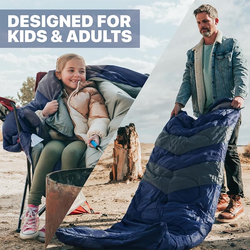 MalloMe Plush Comfort Sleeping Bag Set - 32°F-65°F, Navy Blue, 6ft Fit, Kids & Adults