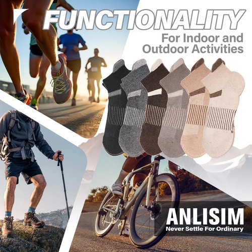 Anlisim 6 Pairs Merino Wool Ankle Running Hiking Socks Compression Support Breathable Thick Cushion No Show Socks for Women Men(Brown Beige,M)
