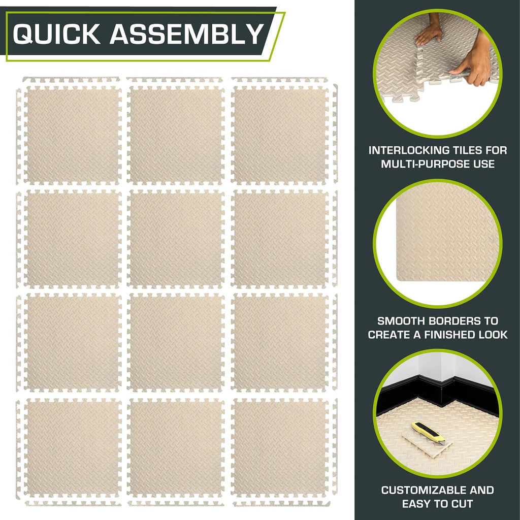 ProsourceFit Exercise Puzzle Mat - ½-Inch EVA Interlocking Foam Tiles for Home Gym | Beige, 48 Sq Ft (12 Tiles)