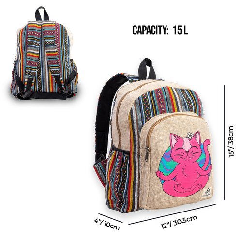 Organic Hemp Backpack Bag - Eco Friendly Hippie Yak Design Durable Functional Traveling Hiking Friendly Casual Daypack Bag by Freakmandu
