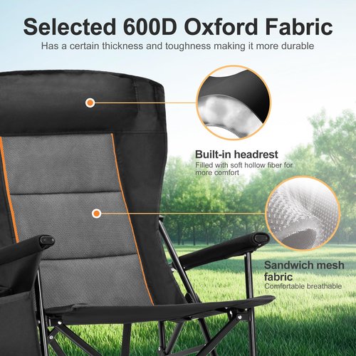 LET'S CAMP Oversized Camping Chairs 29.52" High Back Heavy Duty Lawn Chair Support 500LBS, Portable Collapsible Chair with Cup Holder, Side Pocket(Black)
