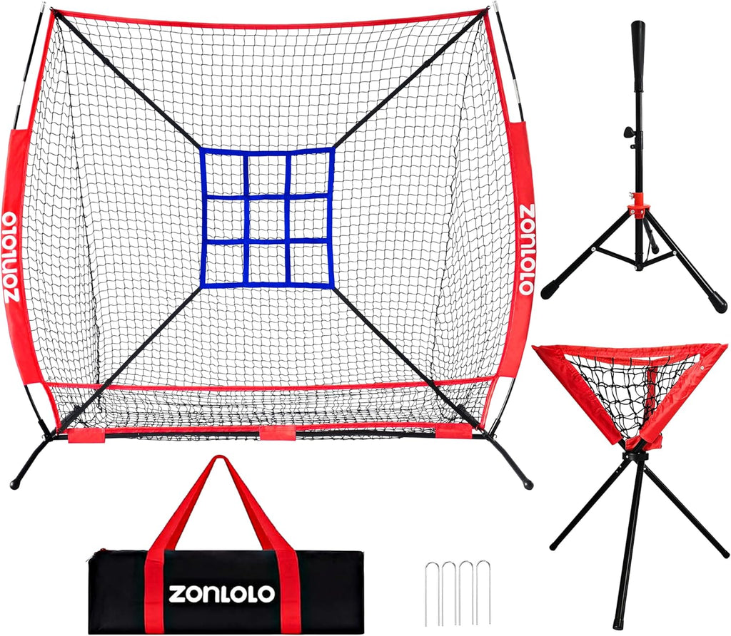 Skiennix 6x6ft Portable Baseball & Softball Net - Sturdy Bow Frame with Batting Tee & Ball Caddy