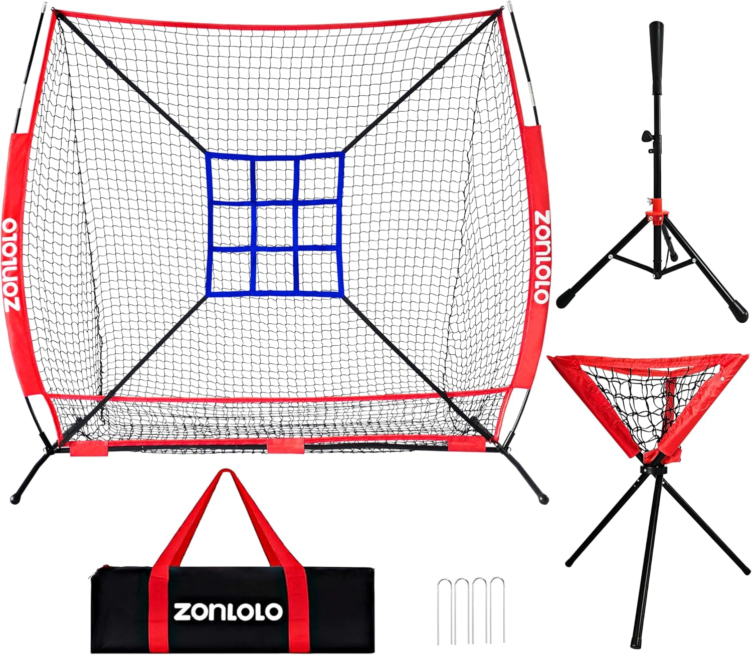 Skiennix 6x6ft Portable Baseball & Softball Net - Sturdy Bow Frame with Batting Tee & Ball Caddy