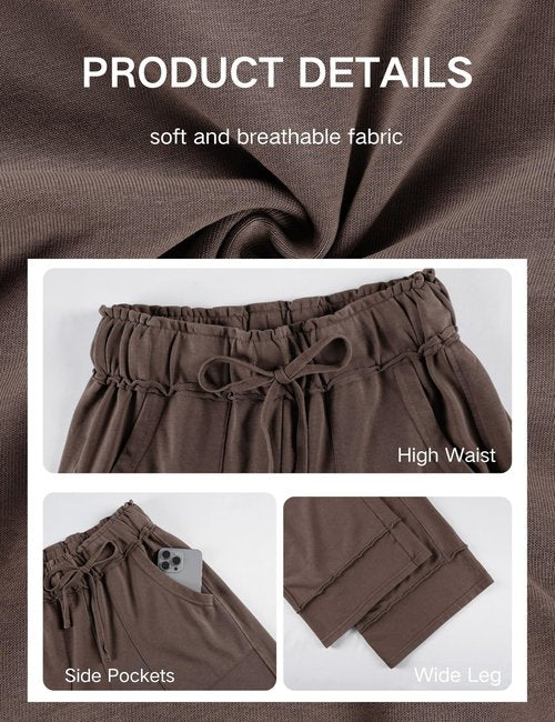 Athlisan Womens Casual Wide Leg Sweatpants Acid Wash Elastic Waisted Palazzo Pants Trousers with Pockets(Coffee-L)