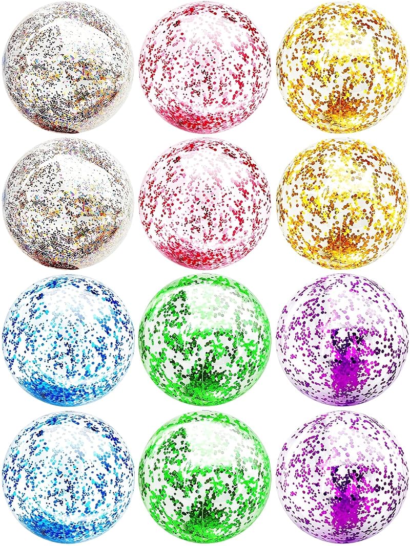 Multicolor 12 Pack 16” Glitter Beach Balls - Inflatable Pool Toys for Summer Party
