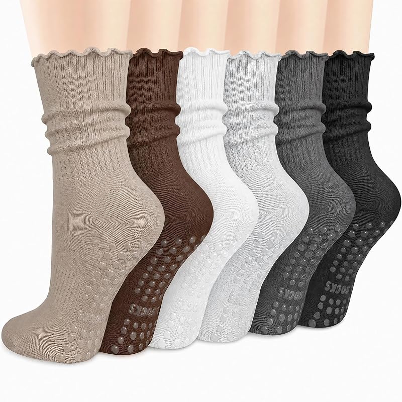 6 Pairs Womens Pilates Socks with Grips, Ruffle Non Slip Grip Socks - Black Dark Grey Light Grey Khaki Dark Brown White