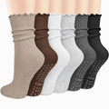 6 Pairs Womens Pilates Socks with Grips, Ruffle Non Slip Grip Socks - Black Dark Grey Light Grey Khaki Dark Brown White