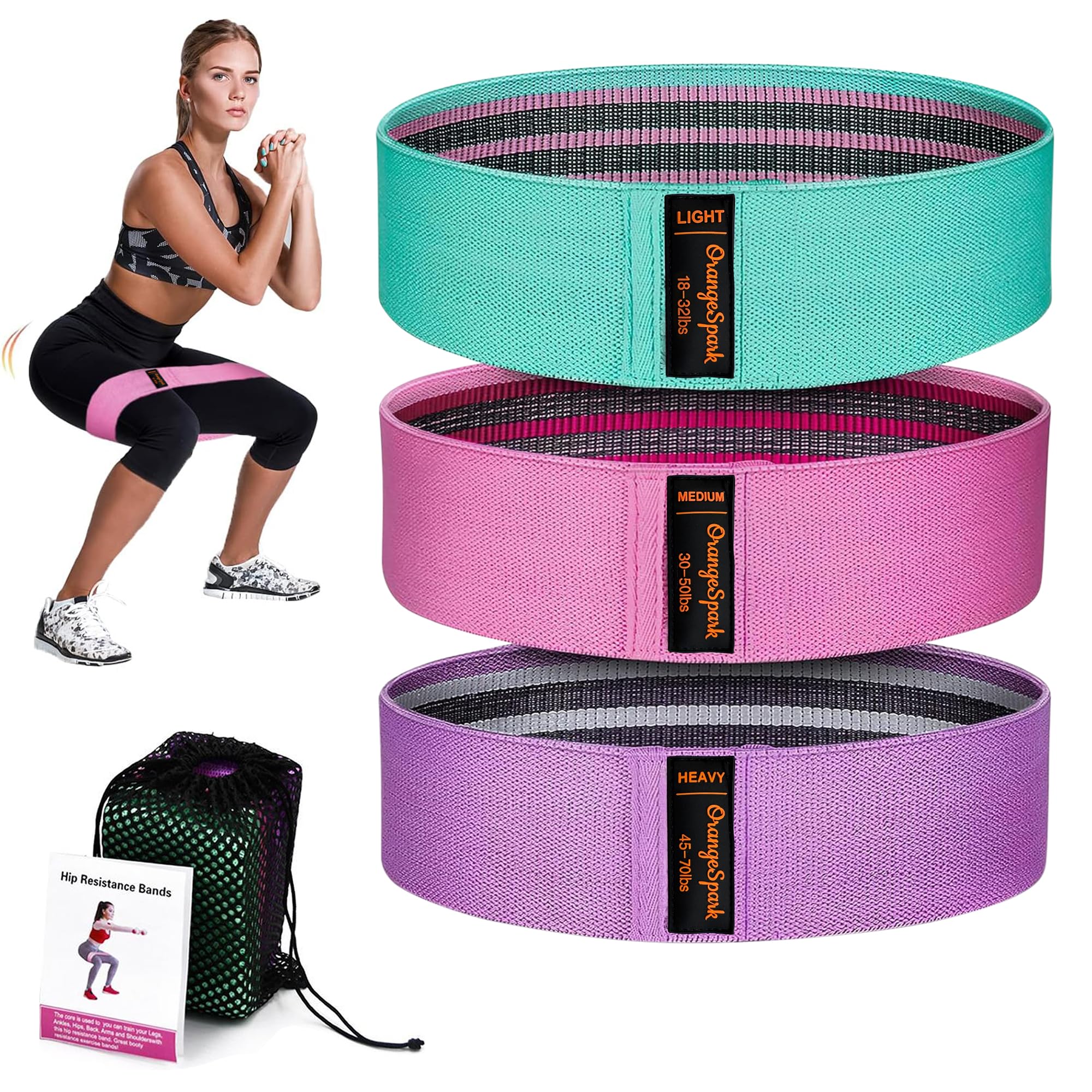 OrangeSpark Resistance Bands – Premium Workout Bands for Women & Men, 3-Piece Stretch Band Set for Glutes, Legs, Pilates & Strength Training (Pink)