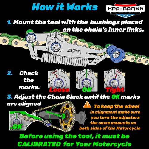 BPA-RACING Motorcycle Chain Slack Adjuster Tool - Innovative Chain Tensioner Tool for Easy, Quick & Precise Chain Slack Adjustment- Chain Alignment Tool (Orange)