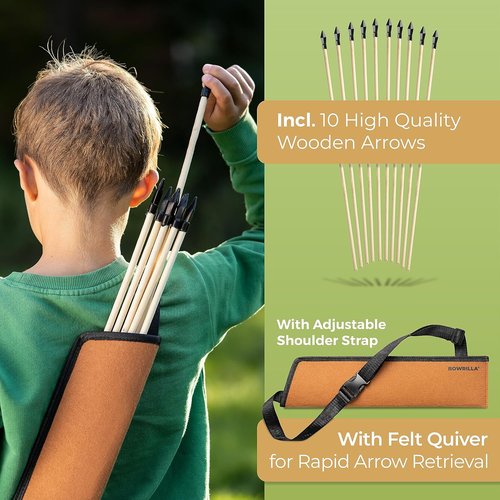BOWRILLA® Kids Wooden Bow and Arrow Set - Includes 10 Arrows, Quiver, 3 Targets & Storage Bag | Perfect for Indoor & Outdoor Play